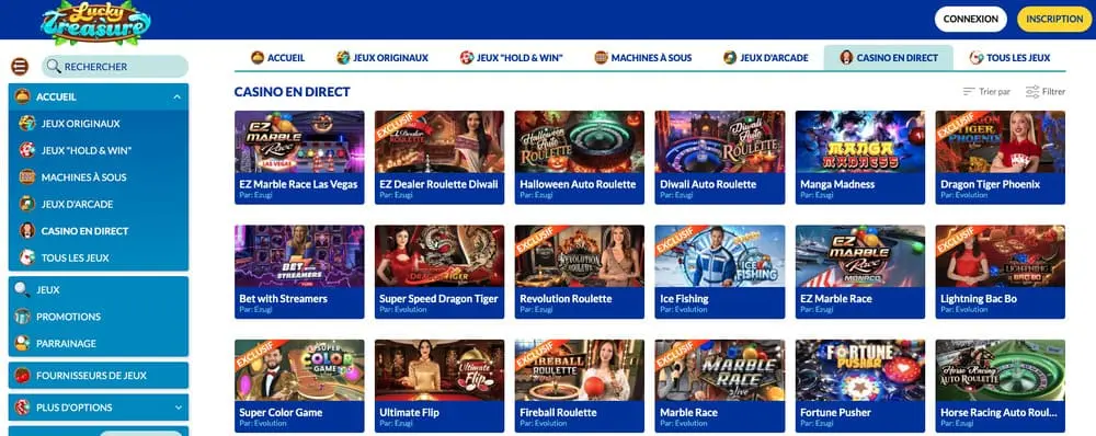 Lucky Treasure Casino — Fournisseurs Betsoft 232 BF Games 160 Evolution 361 Ezugi 85 KA Gaming 897 Netent 176 Nolimitcity 125