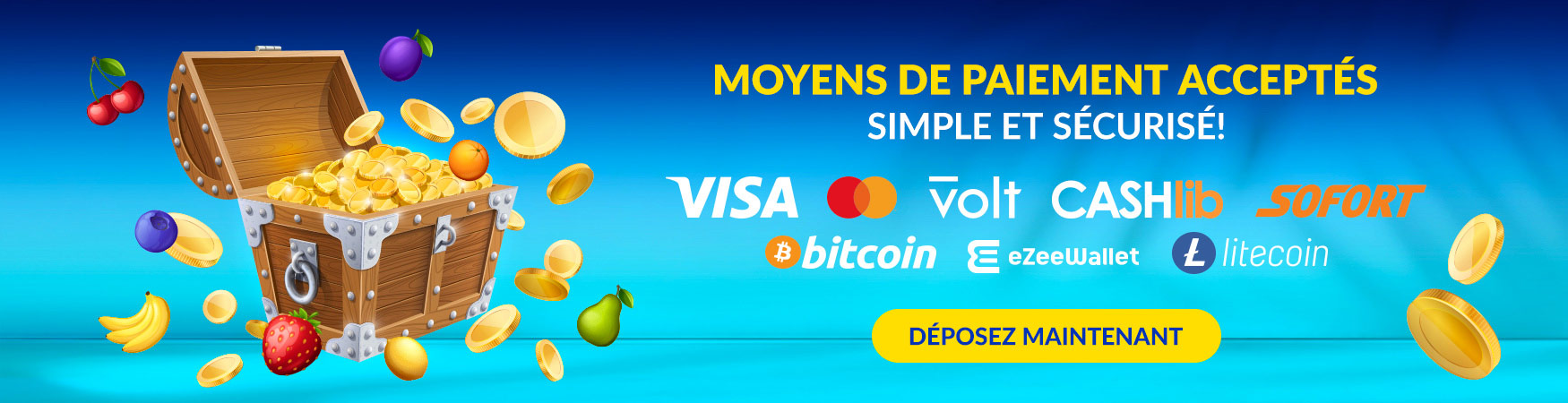 Lucky Treasure Casino — Moyens de paiement Visa Mastercard Volt CashLib Sofort Bitcoin eZeeWallet Litecoin Simple Sécurisé