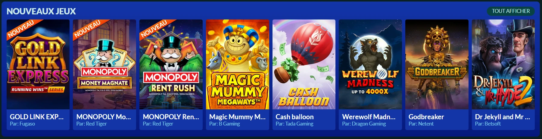 Lucky Treasure Casino — Nouveaux jeux 2026 Gold Link Express Monopoly Magic Mummy Betsoft Dragon