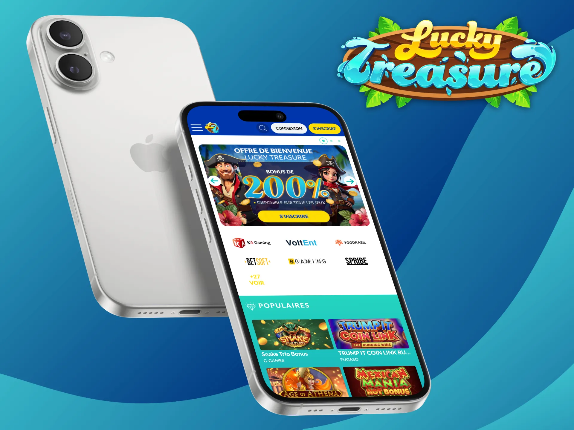 Lucky Treasure Casino — Interface mobile iOS inscription bonus 200% studios partenaires